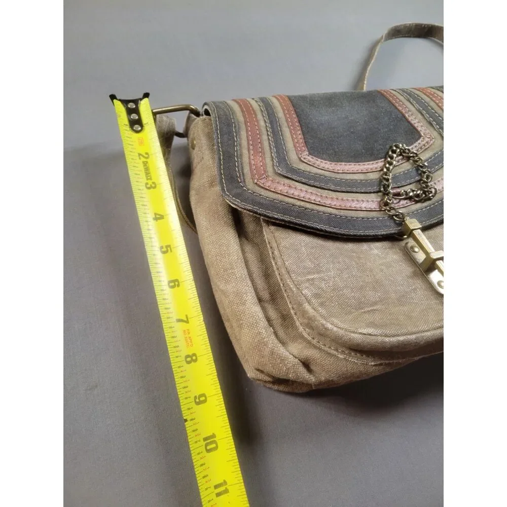 Mona B Recycled Upcycled Canvas Key Lock Flap Crossbody Bag Tan Boho